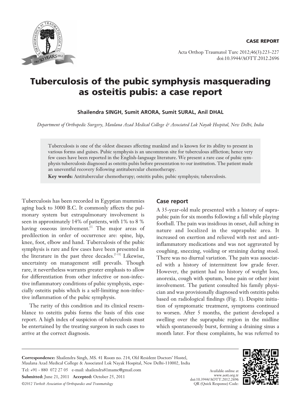 Tuberculosis of the Pubic Symphysis Masquerading As Osteitis Pubis: a Case Report