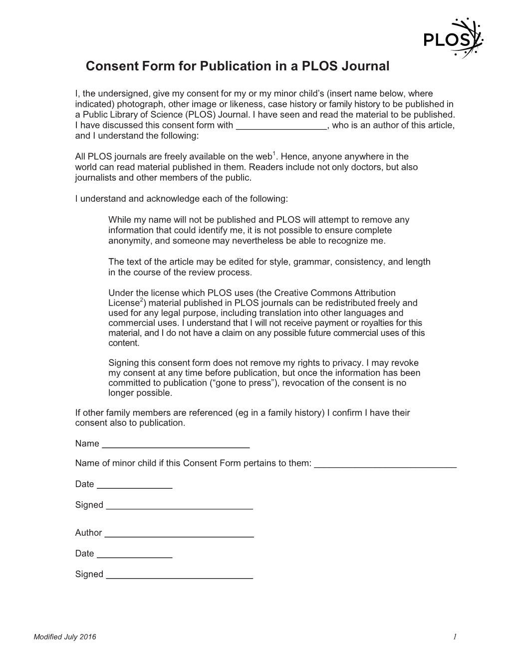 Consent Form for Publication in a PLOS Journal