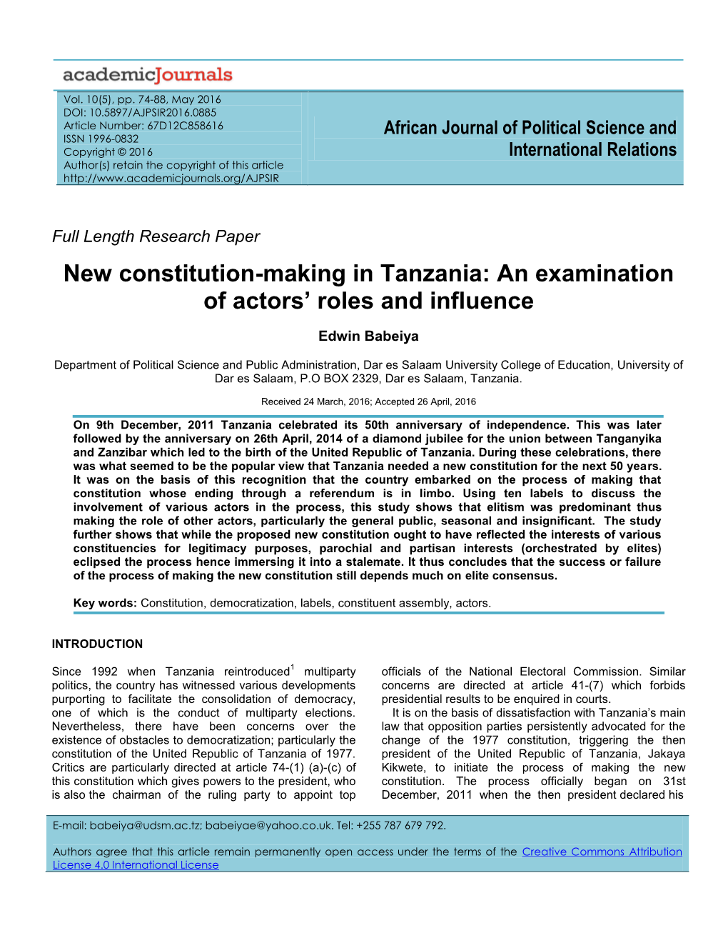 New Constitution-Making in Tanzania: an Examination of Actors’ Roles and Influence