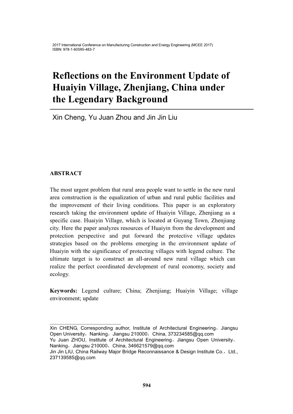Reflections on the Environment Update of Huaiyin Village, Zhenjiang, China Under