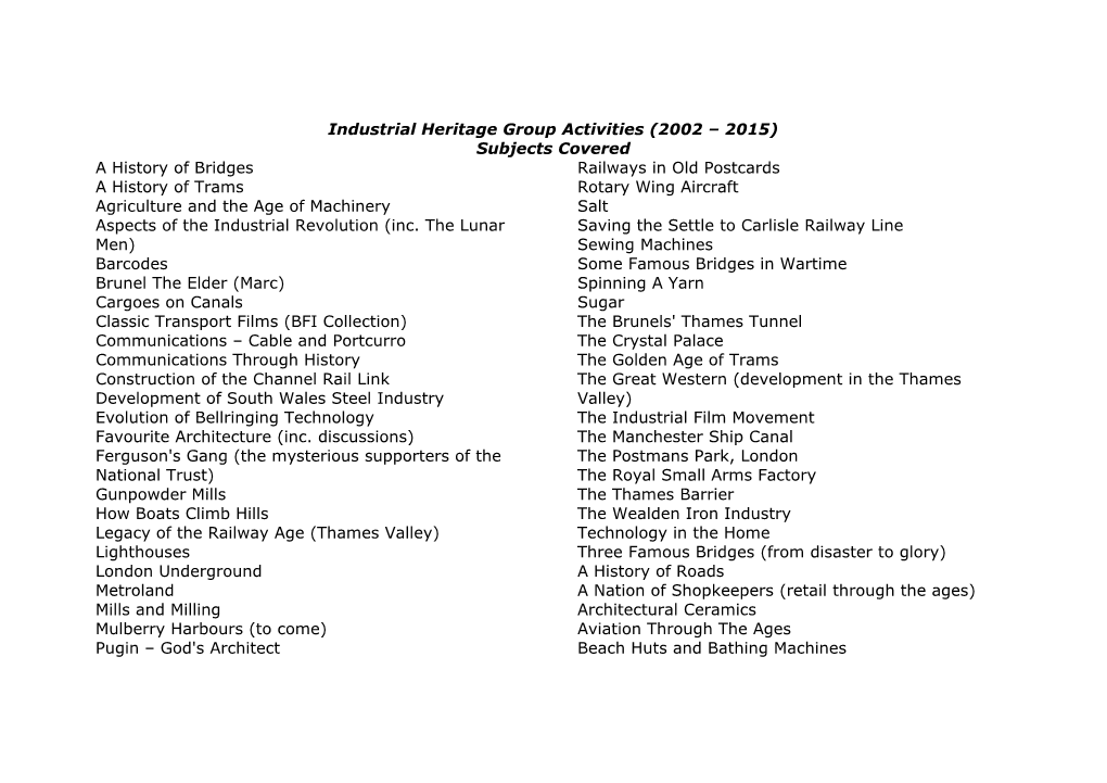 Industrial Heritage Group Activities (2002 2015)