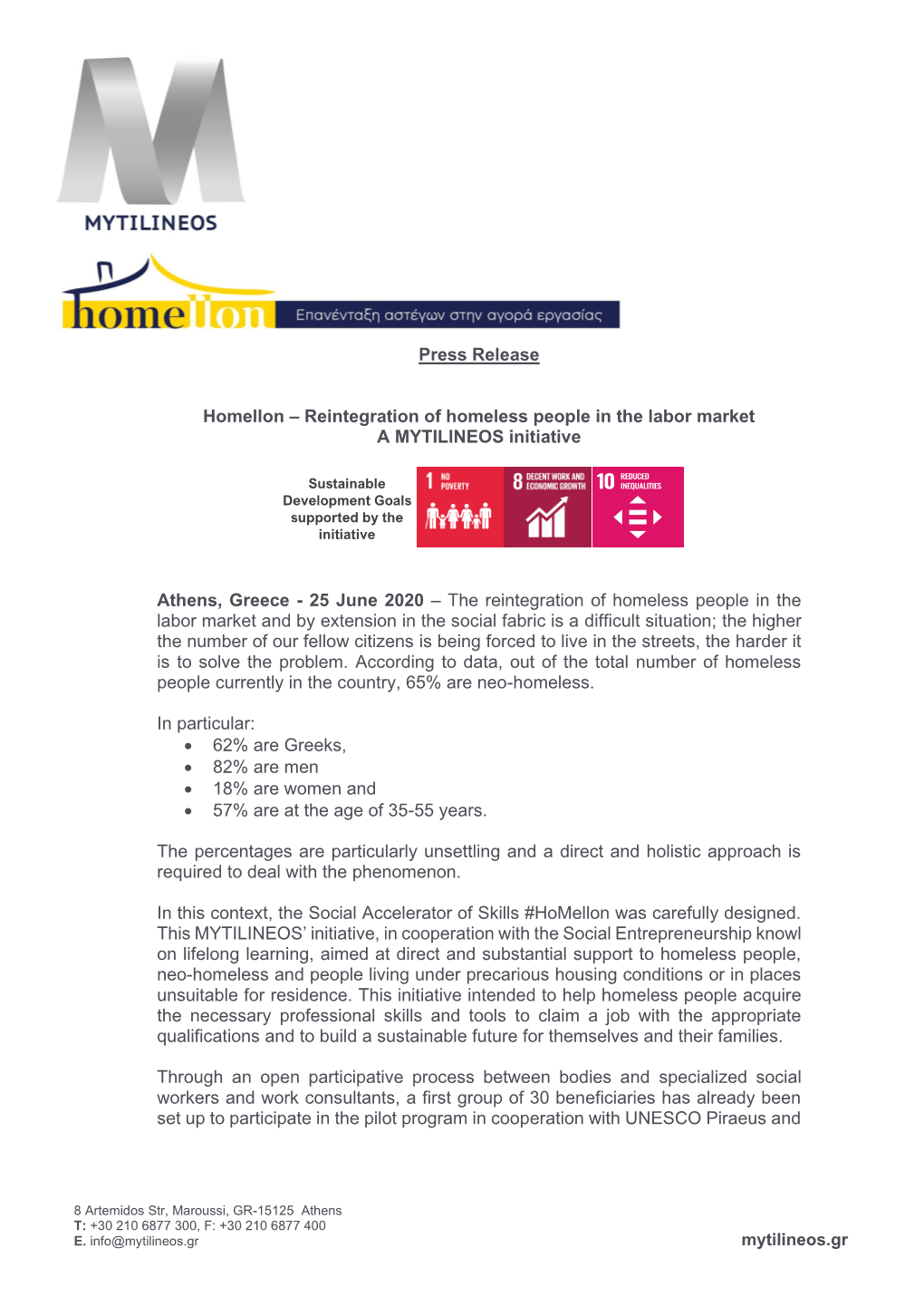 Homellon – Reintegration of Homeless People in the Labor Market a MYTILINEOS Initiative