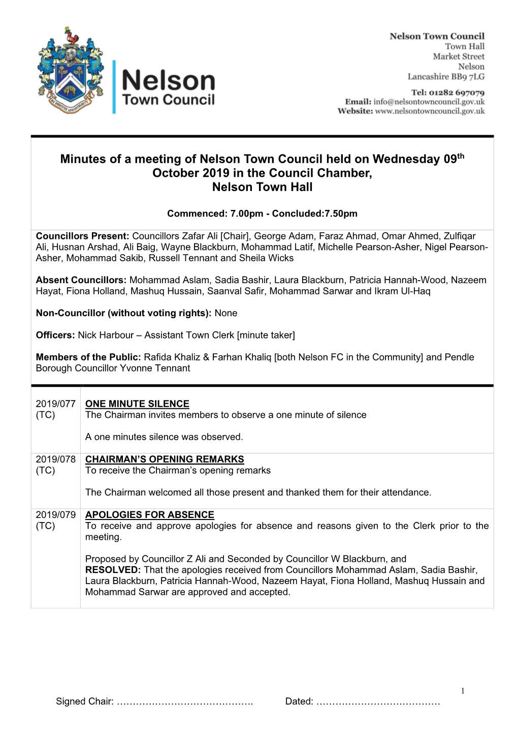 Minutes of a Meeting of Nelson Town Council Held on Wednesday 09Th October 2019 in the Council Chamber, Nelson Town Hall