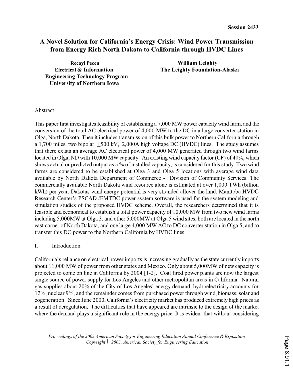 Wind Power Transmission from Energy Rich North Dakota to California Through HVDC Lines