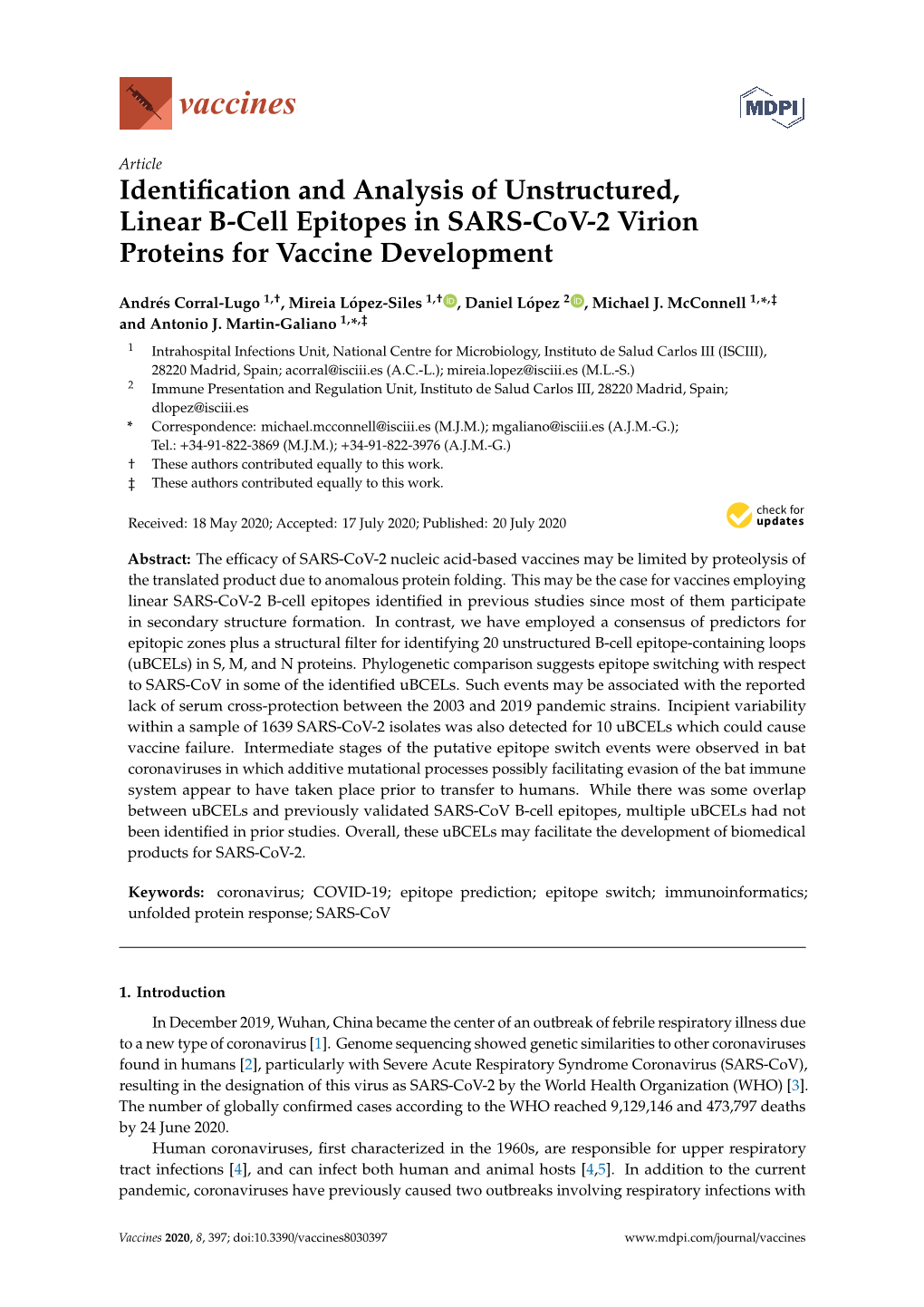 Identification and Analysis of Unstructured, Linear B-Cell Epitopes in SARS-Cov-2 Virion Proteins for Vaccine Development