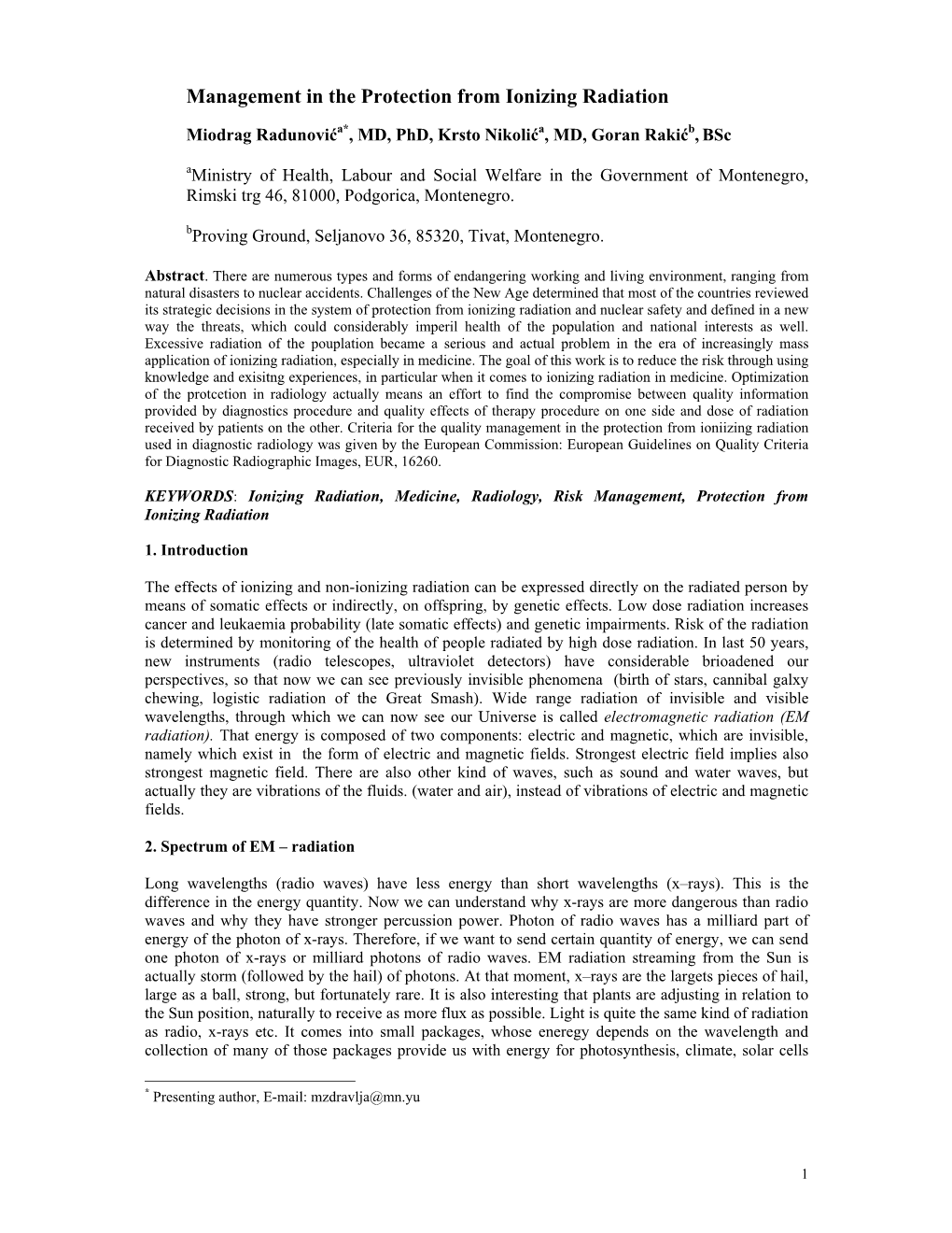 Management in the Protection from Ionizing Radiation