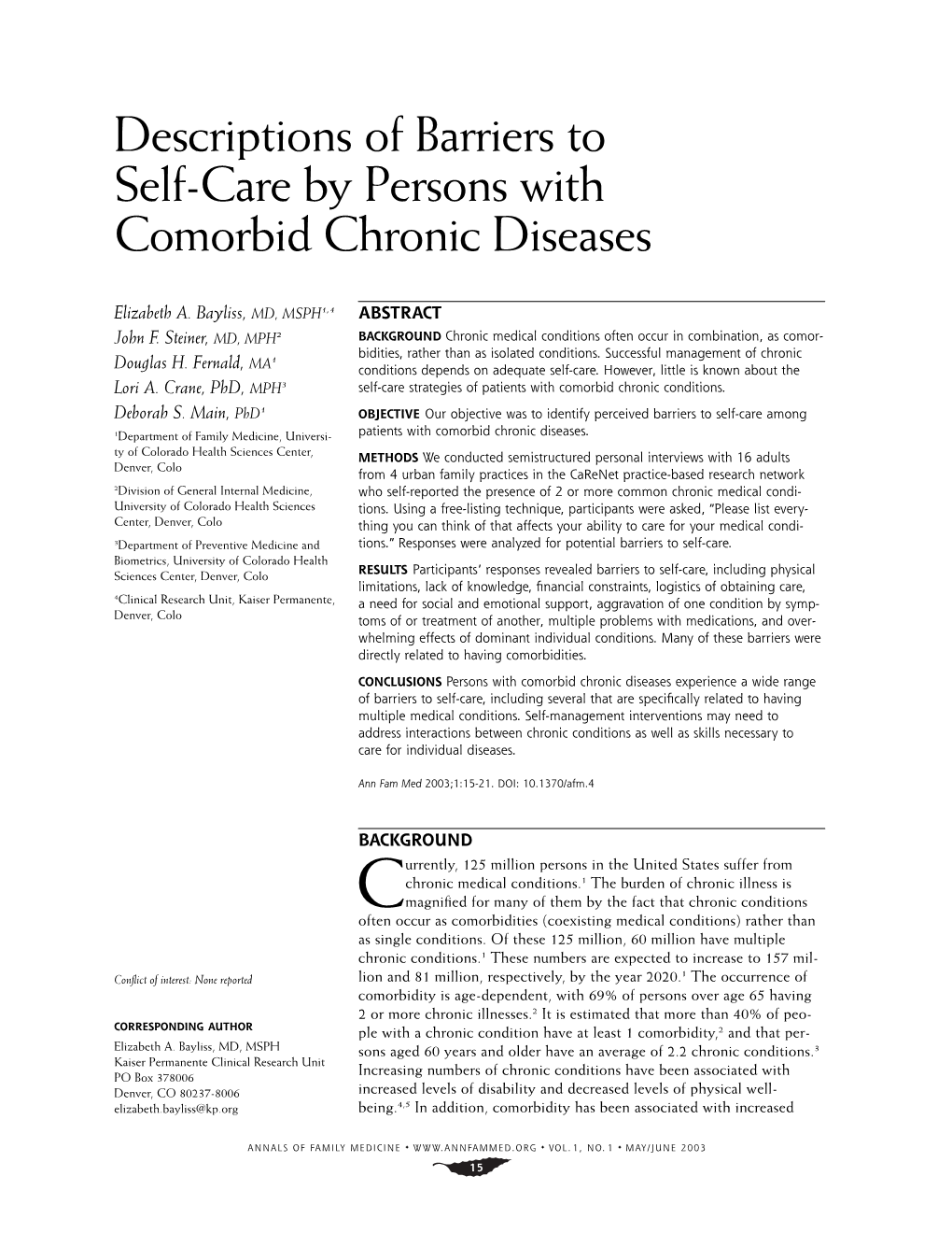 Descriptions of Barriers to Self-Care by Persons with Comorbid Chronic Diseases