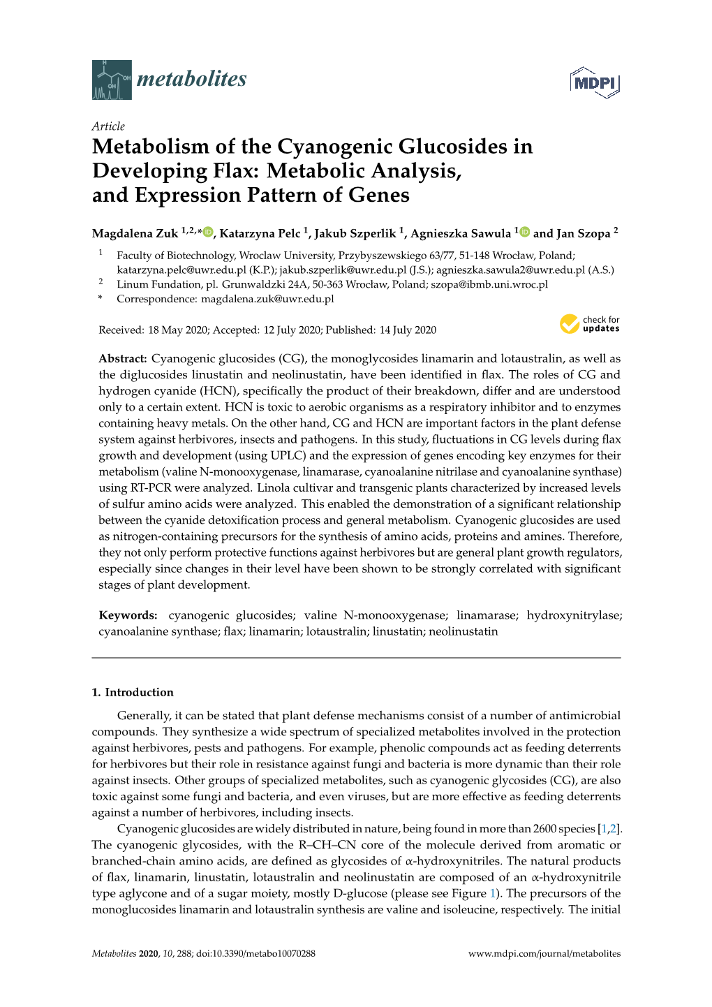 Metabolism of the Cyanogenic Glucosides in Developing Flax: Metabolic Analysis, and Expression Pattern of Genes