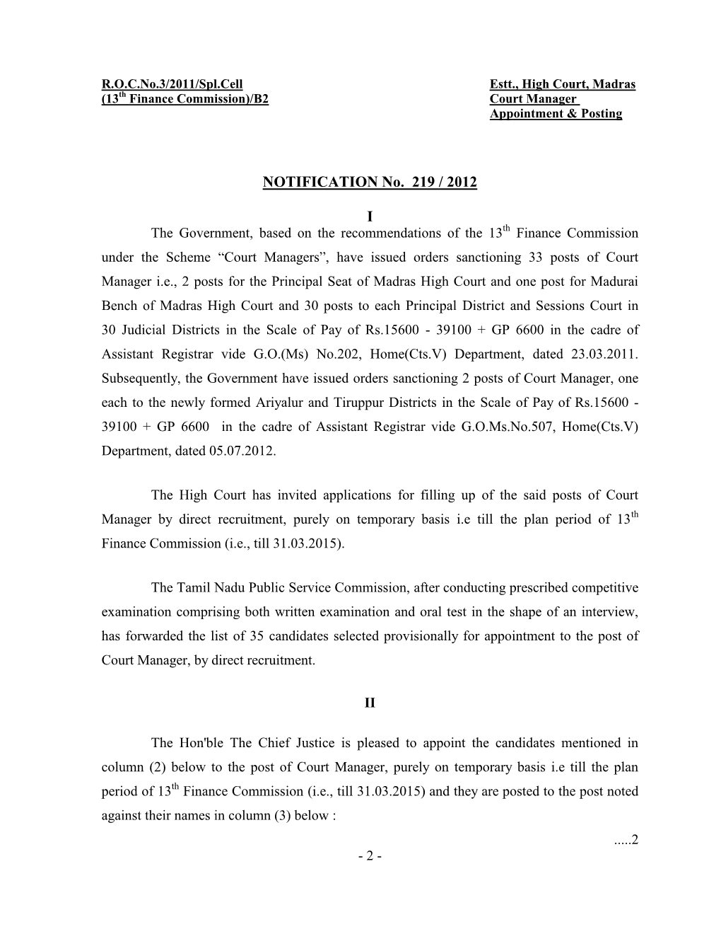 NOTIFICATION No. 219 / 2012 I