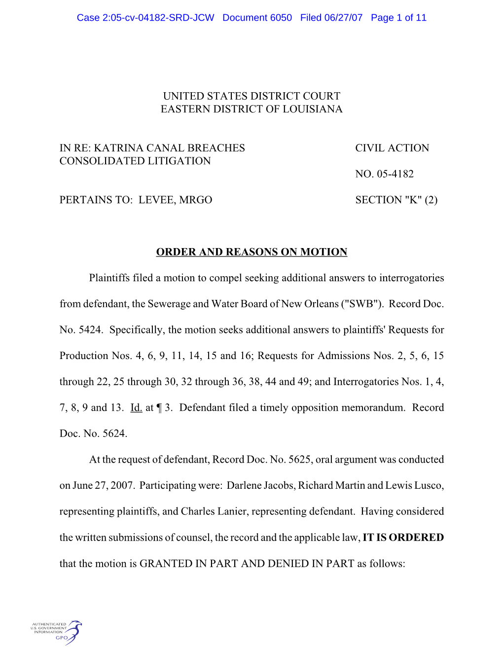 Case 2:05-Cv-04182-SRD-JCW Document 6050 Filed 06/27/07 Page 1 of 11