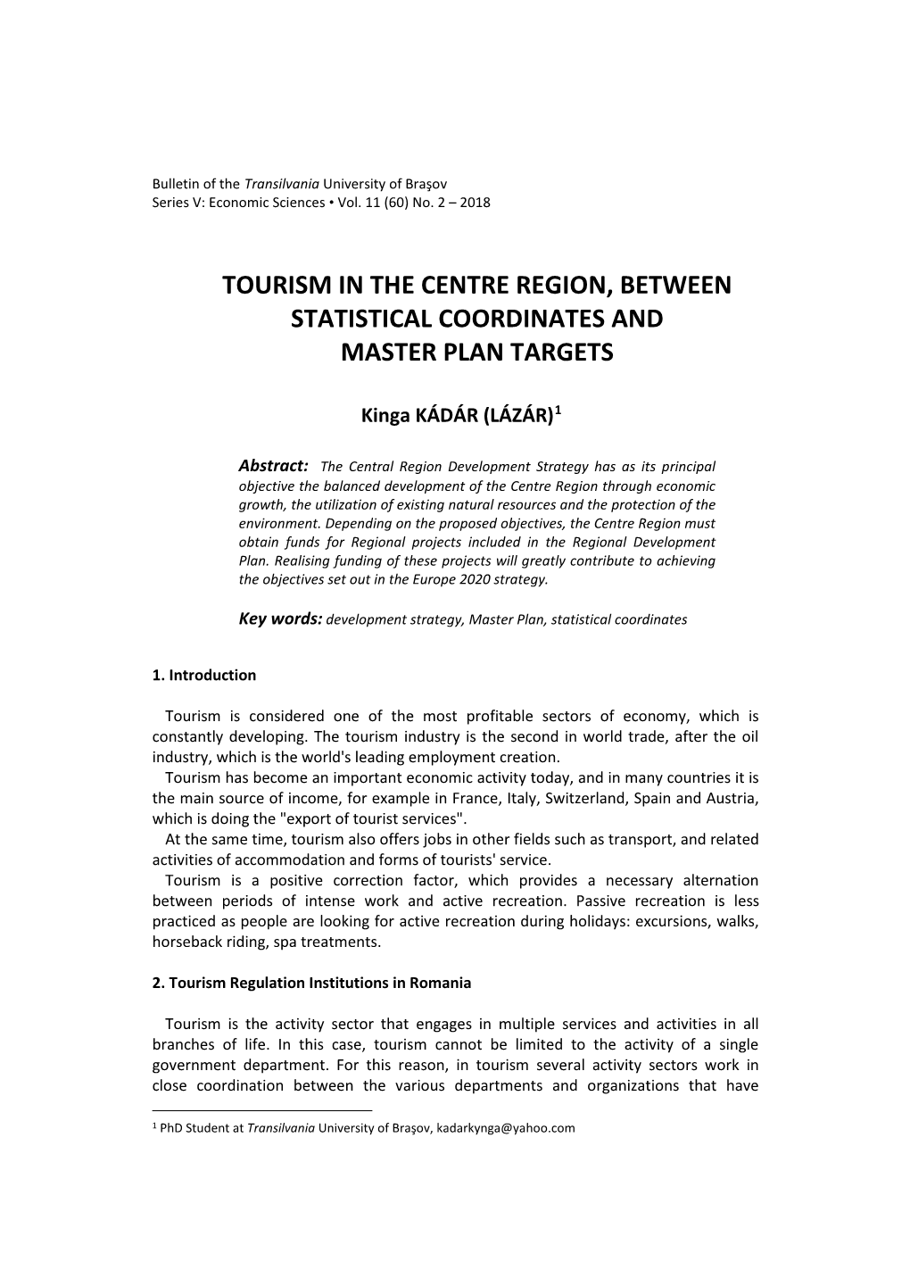Tourism in the Centre Region, Between Statistical Coordinates and Master Plan Targets