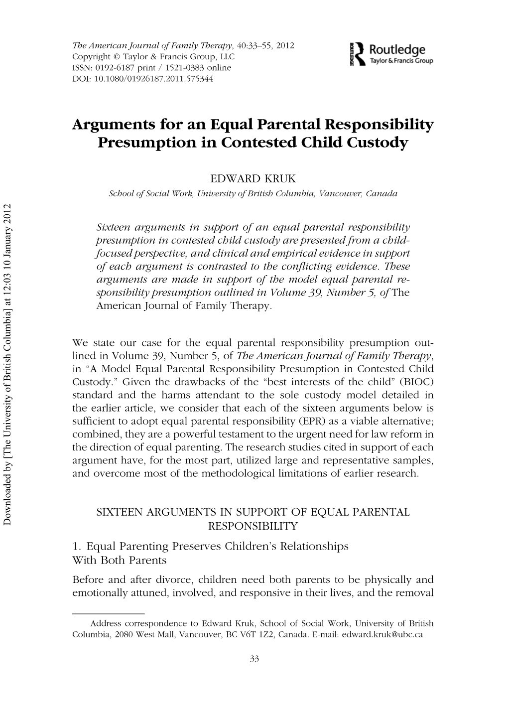 Arguments for an Equal Parental Responsibility Presumption in Contested Child Custody