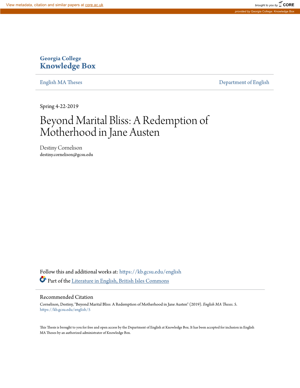 A Redemption of Motherhood in Jane Austen Destiny Cornelison Destiny.Cornelison@Gcsu.Edu