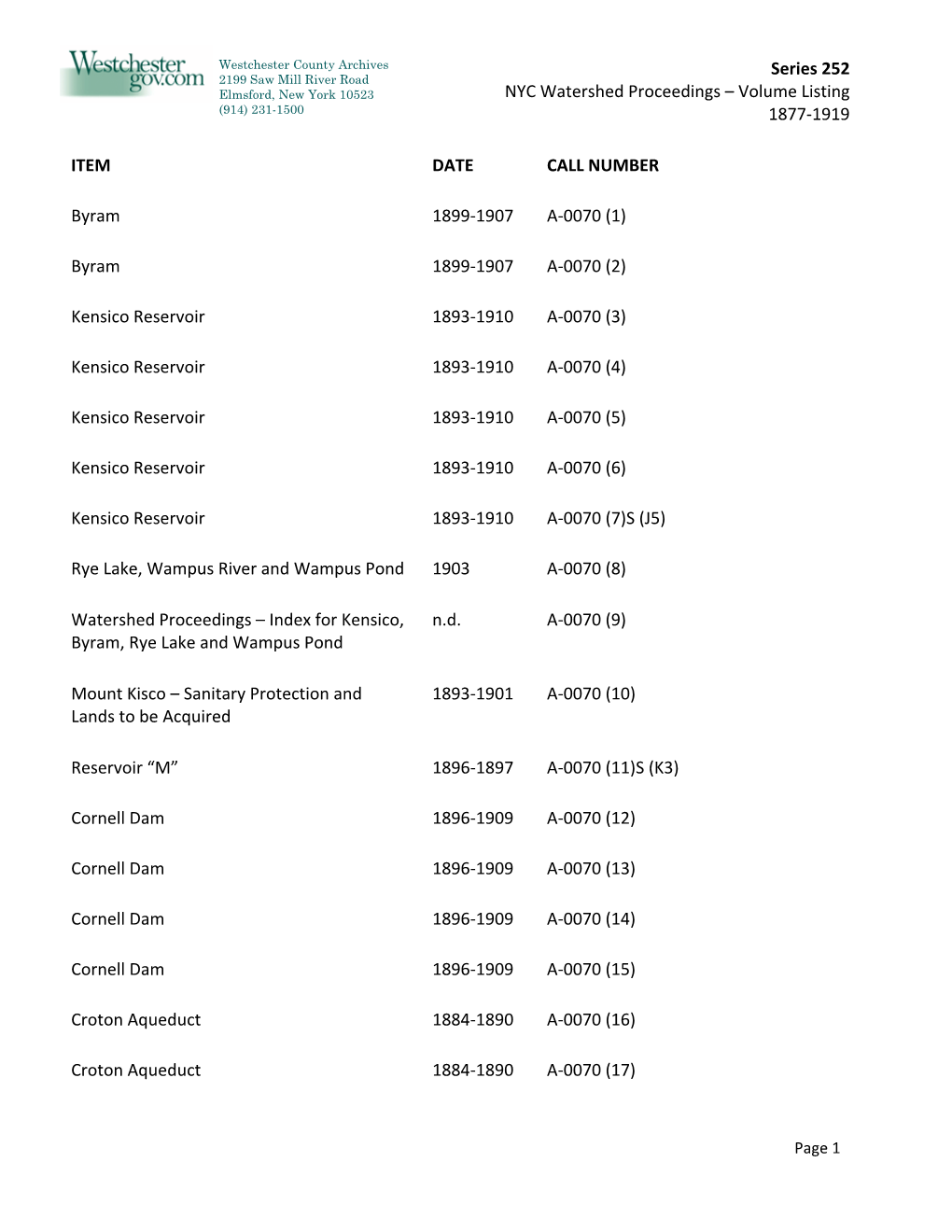 Series 252 NYC Watershed Proceedings