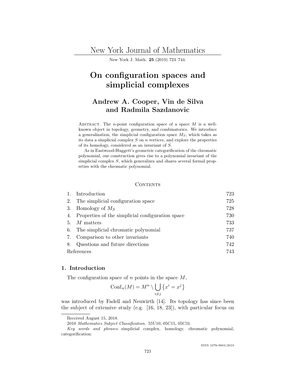 New York Journal of Mathematics on Configuration Spaces and Simplicial