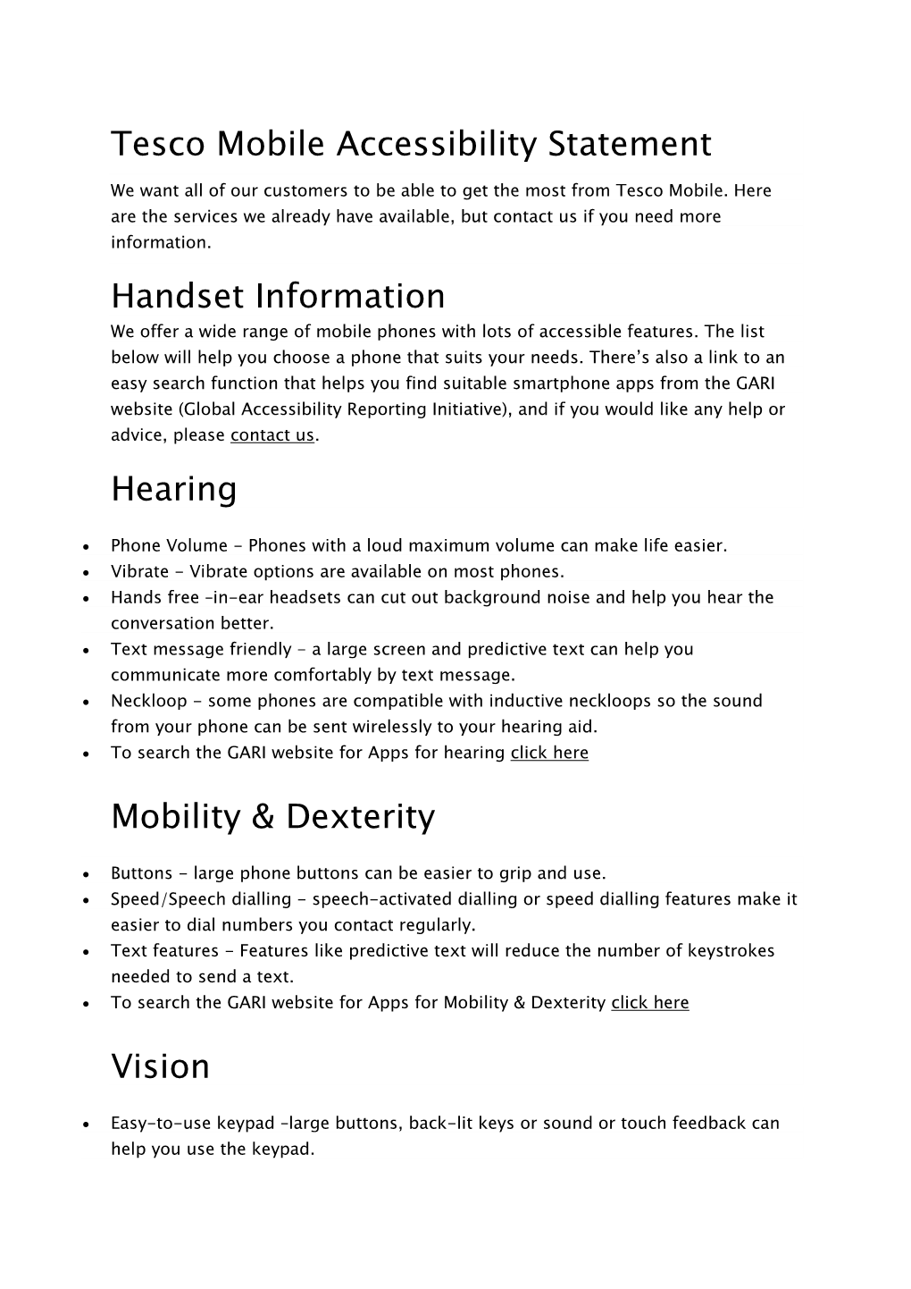 Tesco Mobile Accessibility Statement Handset Information Hearing