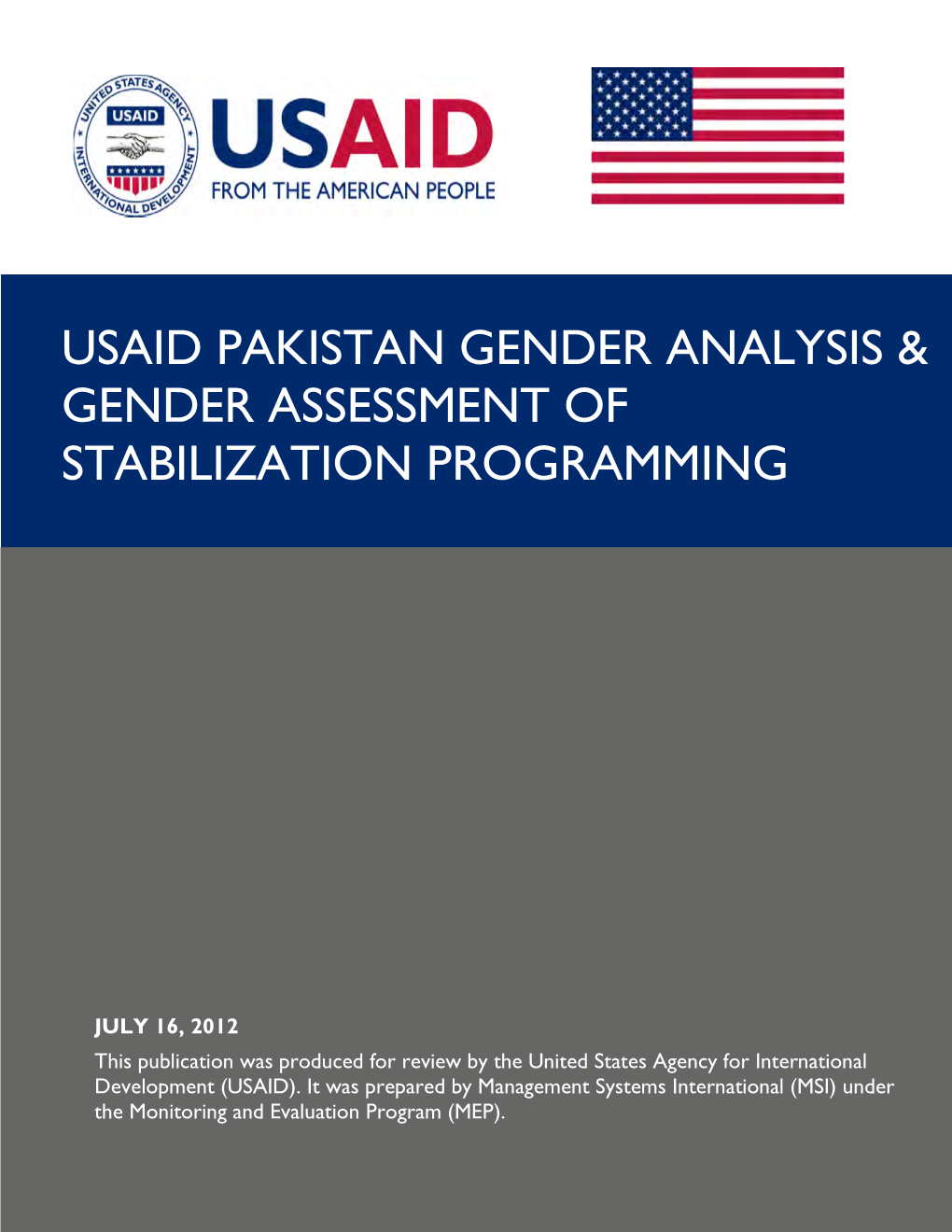 Usaid Pakistan Gender Analysis & Gender Assessment of Stabilization