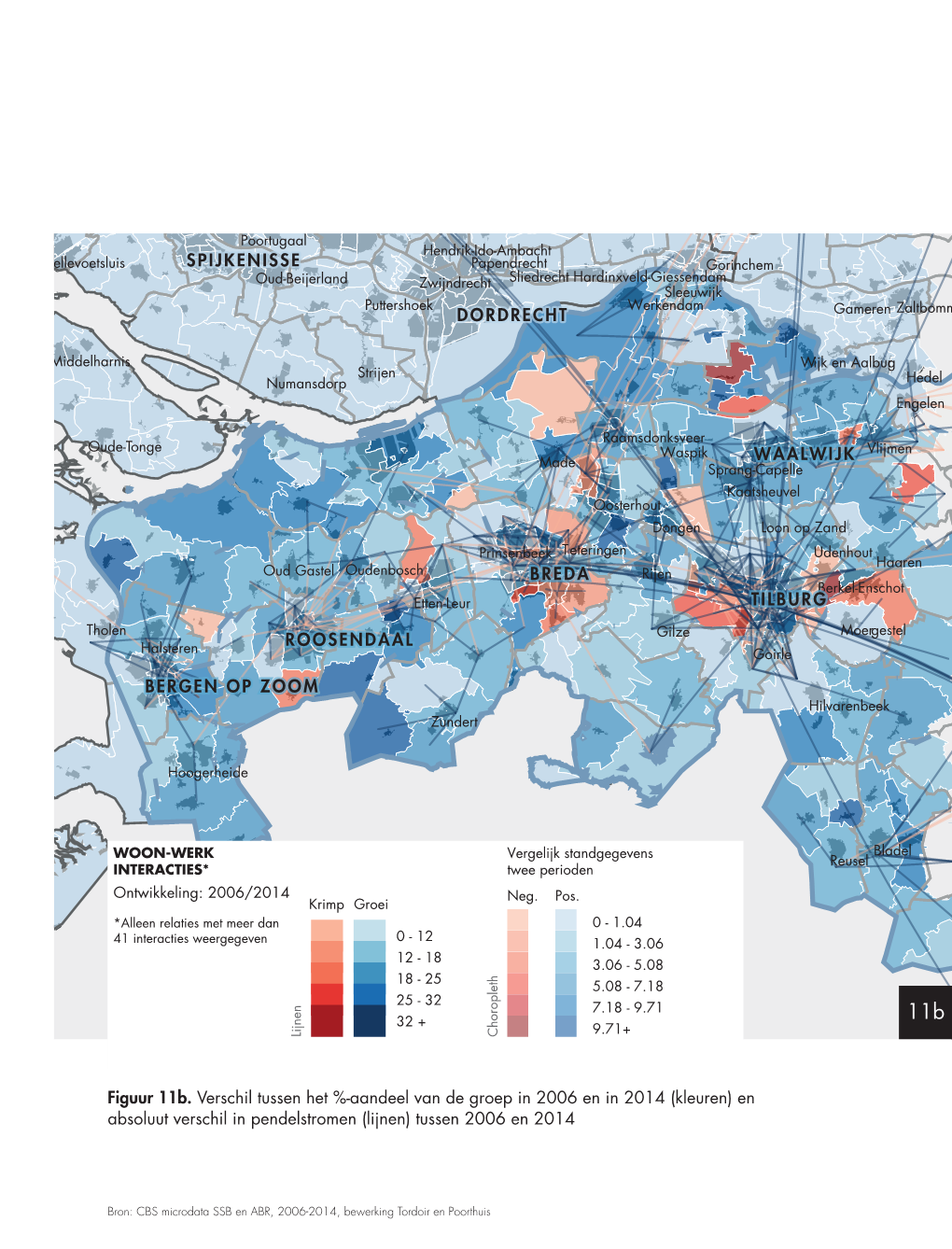 Figuur 11B. Verschil Tussen Het %-Aandeel Van De Groep in 2006 En in 2014 (Kleuren) En Absoluut Verschil in Pendelstromen (Lijnen) Tussen 2006 En 2014