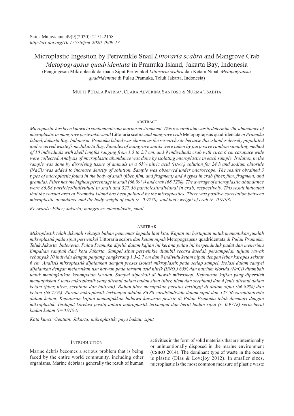 Microplastic Ingestion by Periwinkle Snail Littoraria Scabra And