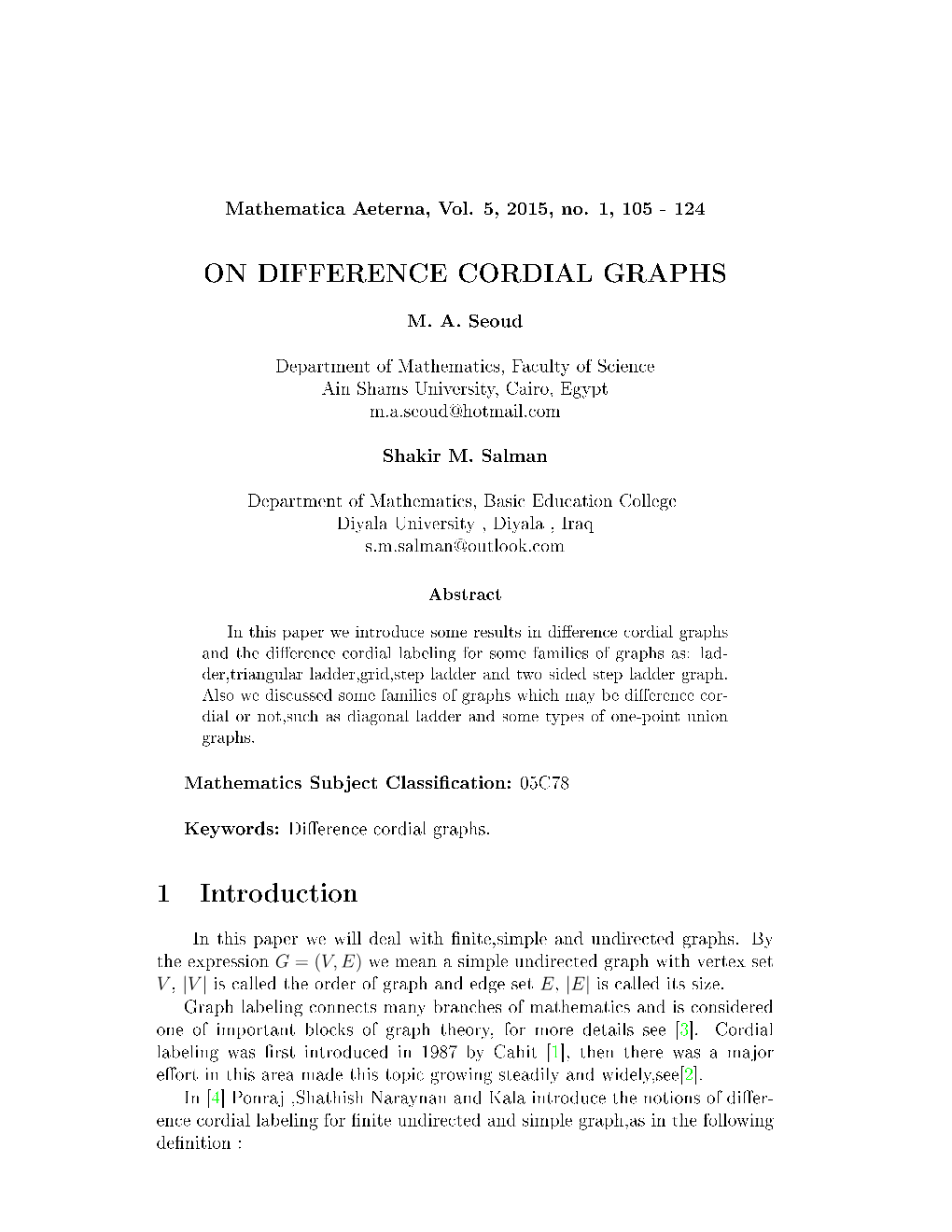 ON DIFFERENCE CORDIAL GRAPHS 1 Introduction