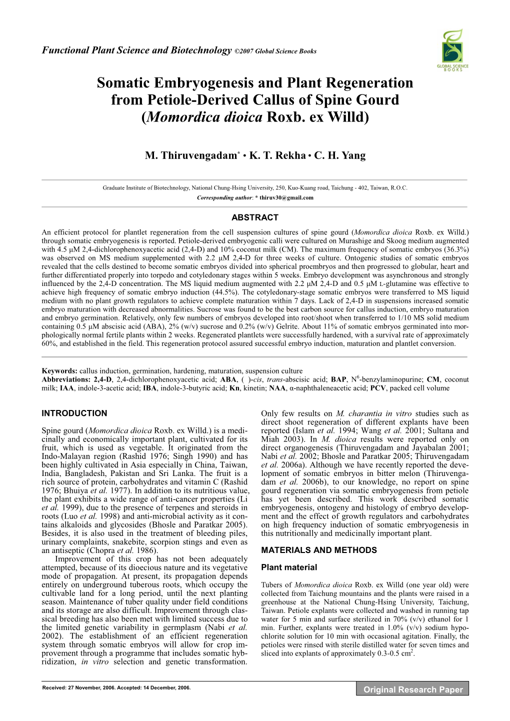 Somatic Embryogenesis and Plant Regeneration from Petiole-Derived Callus of Spine Gourd (Momordica Dioica Roxb