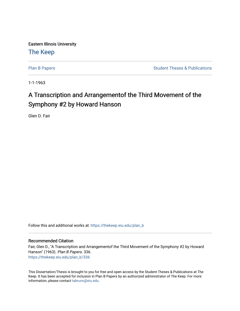 A Transcription and Arrangementof the Third Movement of the Symphony #2 by Howard Hanson