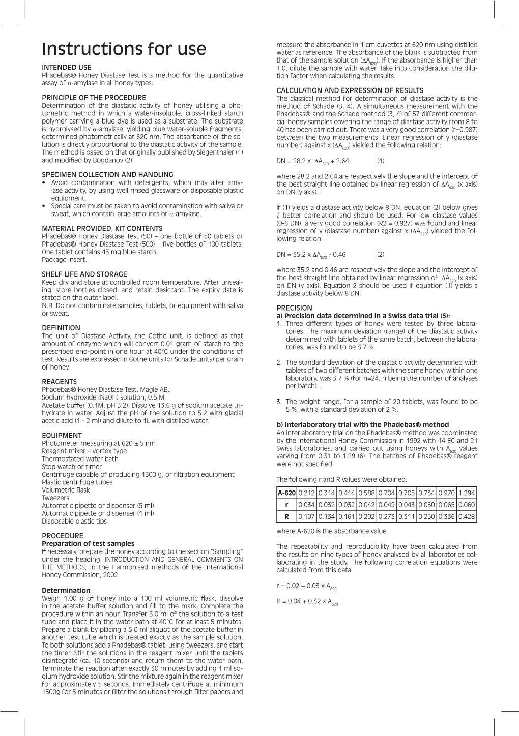 Instructions Phadebas® Honey Diastase Test