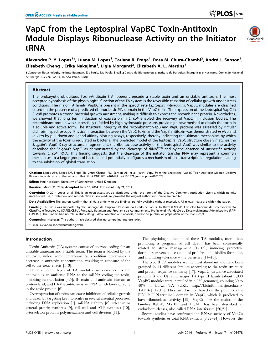 Vapc from the Leptospiral Vapbc Toxin-Antitoxin Module Displays Ribonuclease Activity on the Initiator Trna