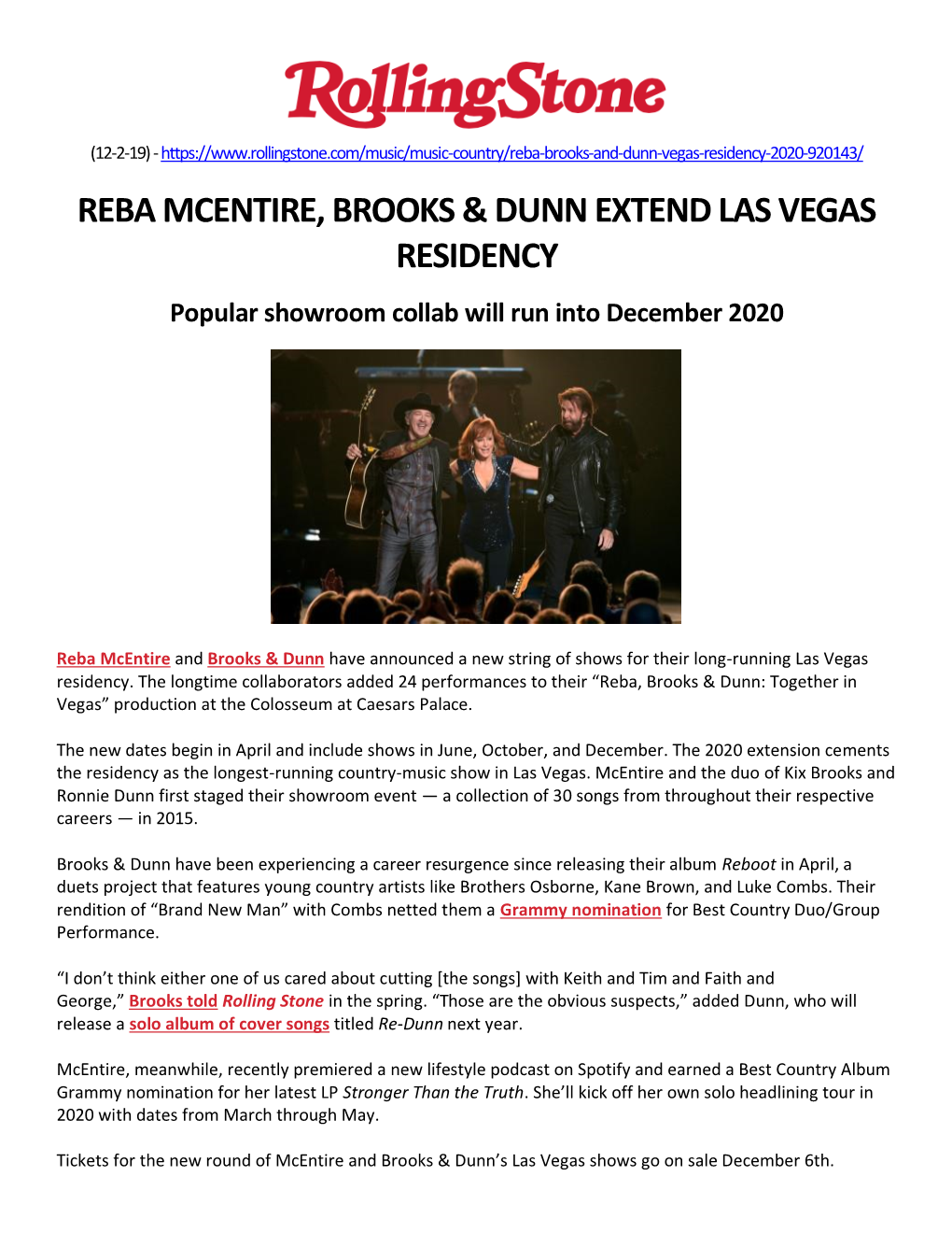 Reba Mcentire, Brooks & Dunn Extend Las Vegas Residency