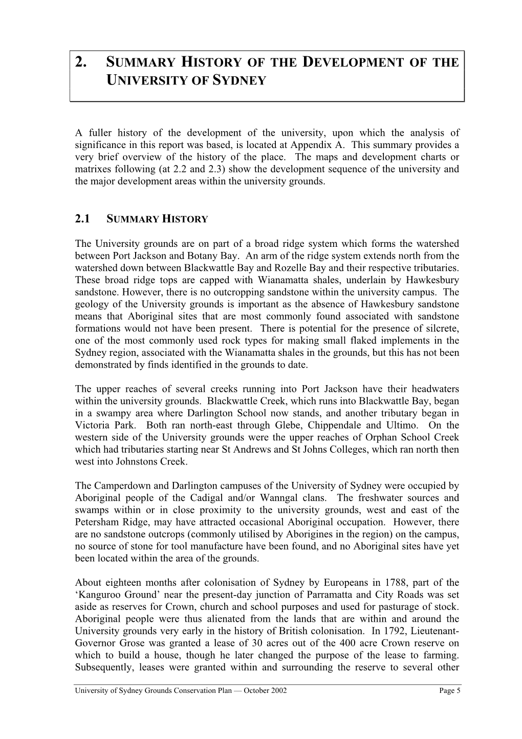 2. Summary History of the Development of the University of Sydney