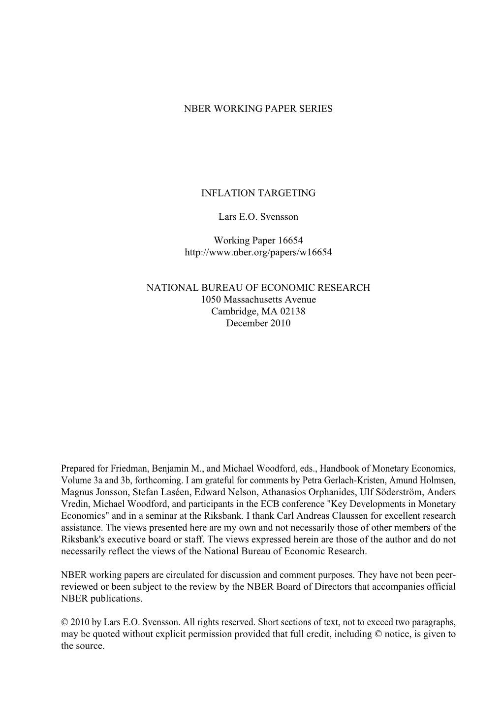 NBER WORKING PAPER SERIES INFLATION TARGETING Lars E.O