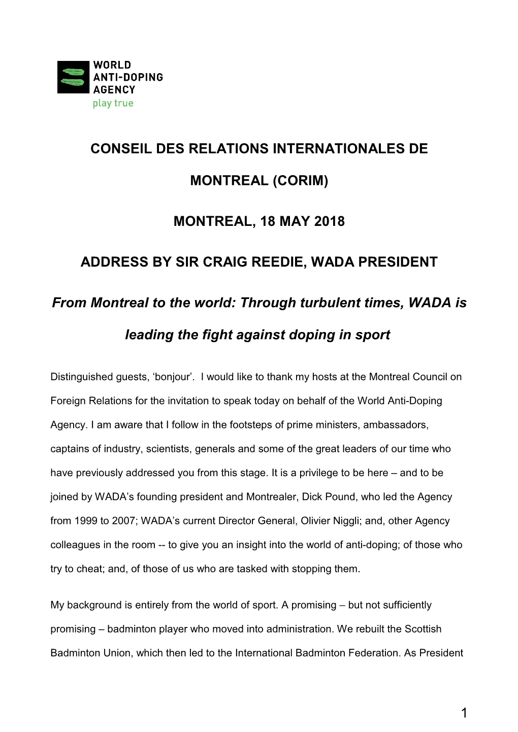 (Corim) Montreal, 18 May 2018 Address by Sir Craig Reedie