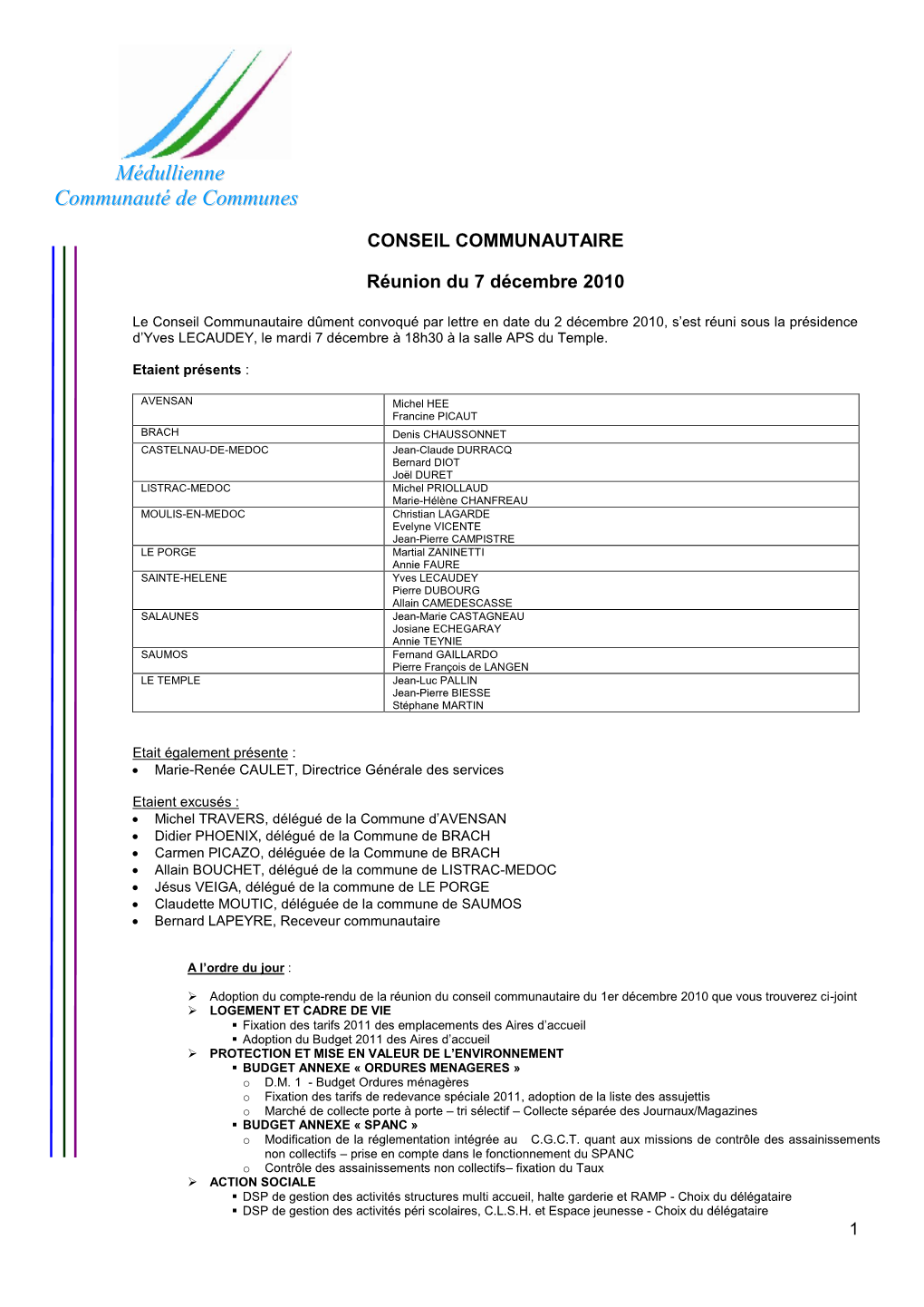 CONSEIL COMMUNAUTAIRE Réunion Du 7 Décembre 2010