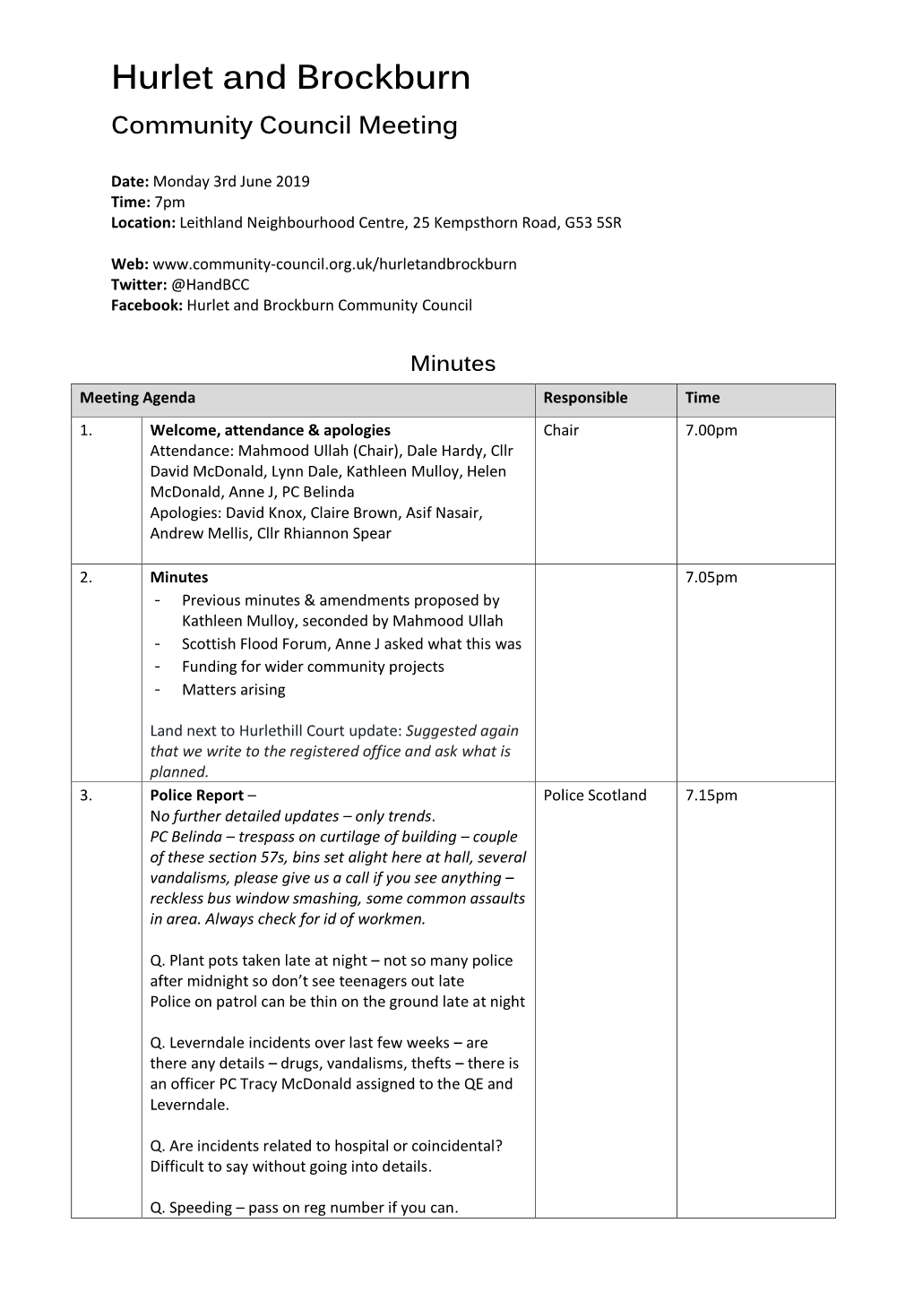 Hurlet and Brockburn Community Council Meeting