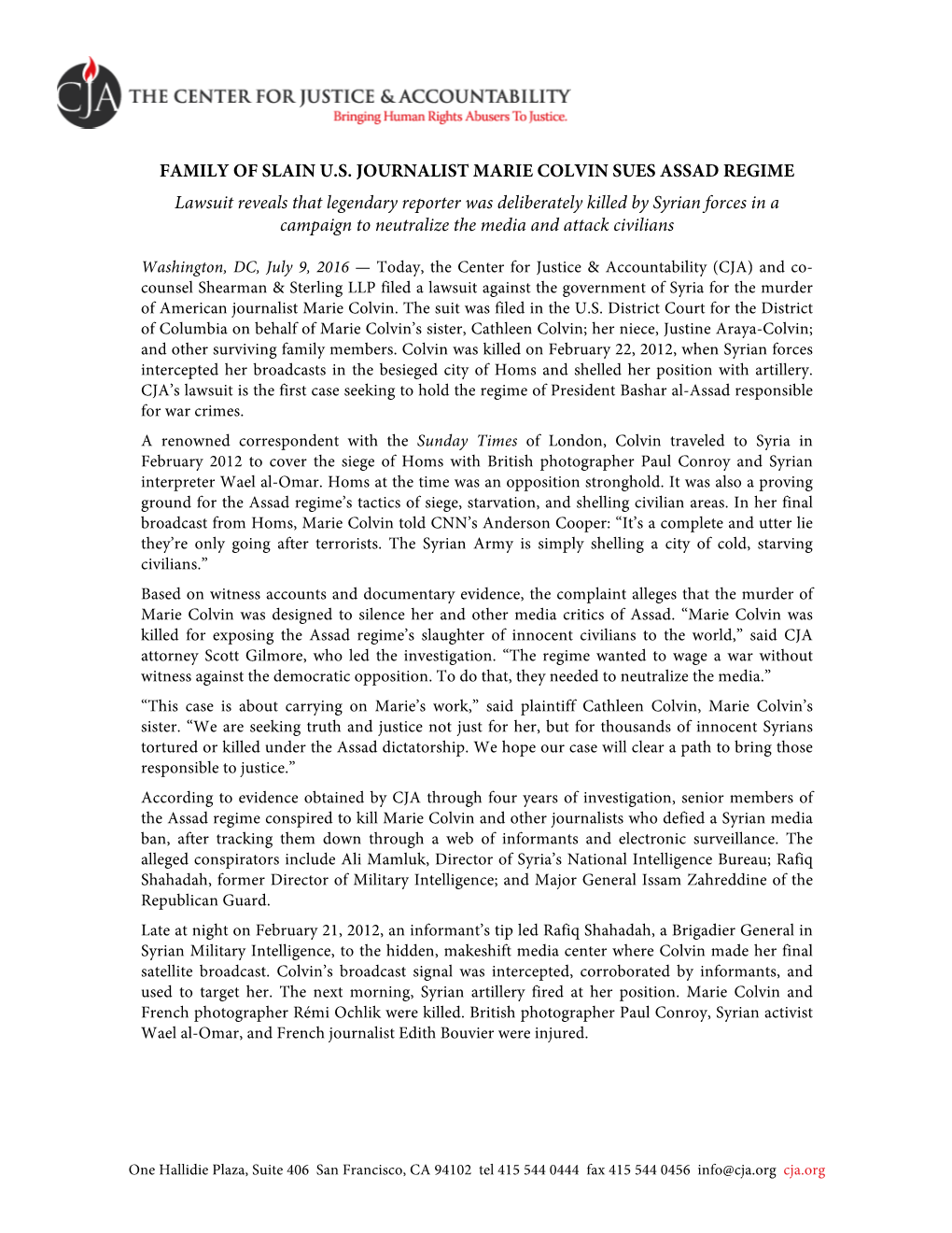 Colvin V Syria Press Release