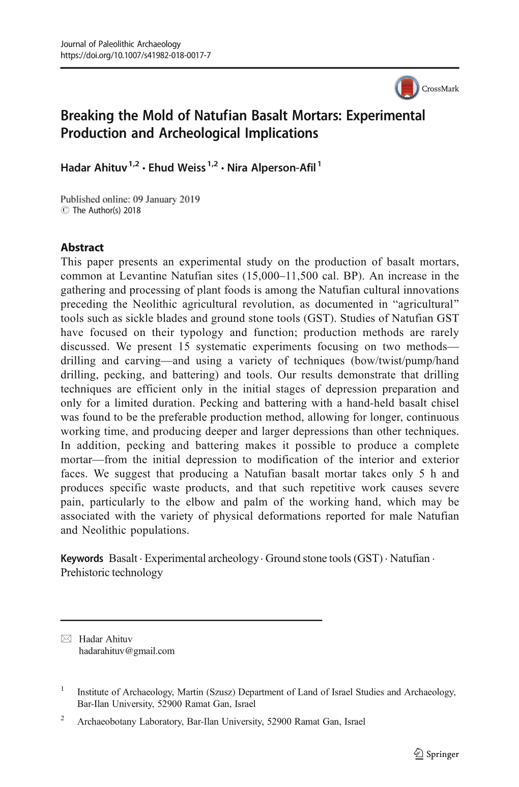 Breaking the Mold of Natufian Basalt Mortars: Experimental Production and Archeological Implications