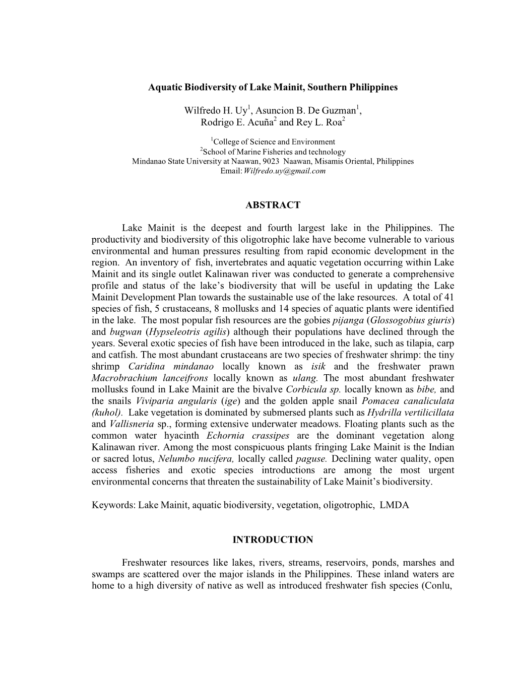 Aquatic Biodiversity of Lake Mainit, Southern Philippines