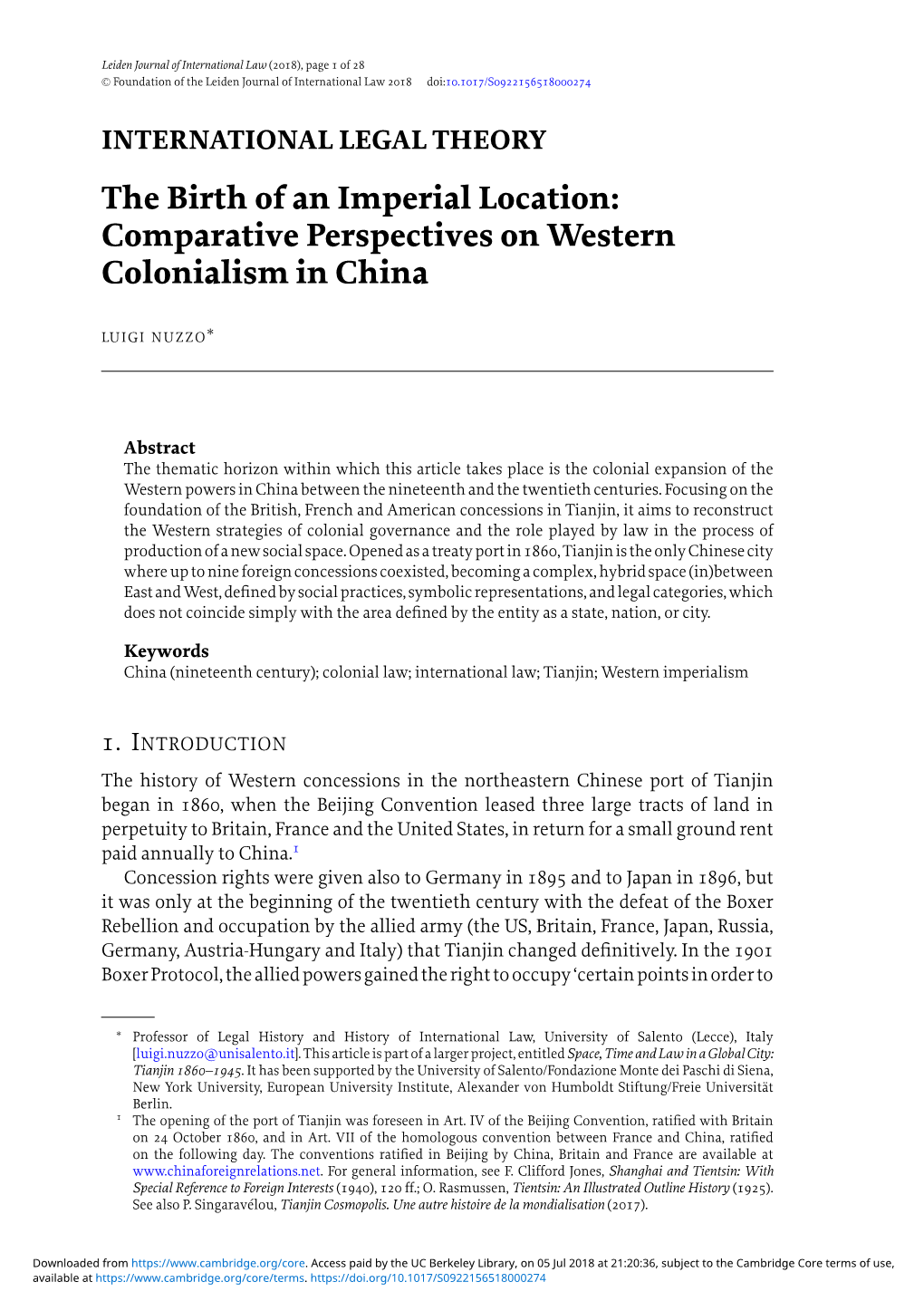 The Birth of an Imperial Location: Comparative Perspectives on Western Colonialism in China