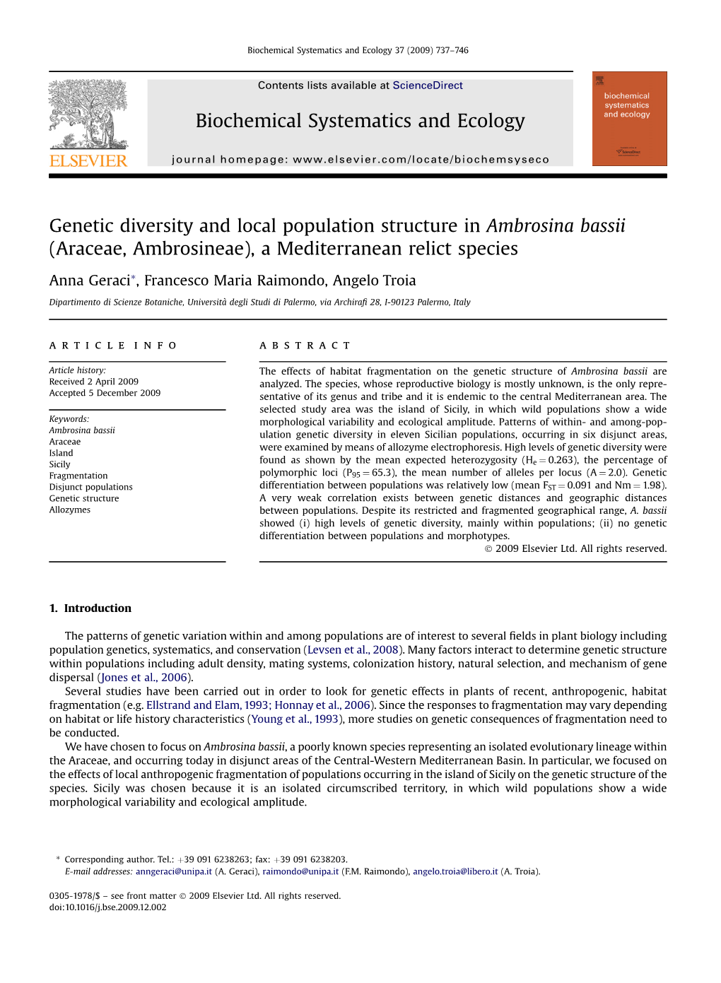 Genetic Diversity and Local Population Structure in Ambrosina Bassii (Araceae, Ambrosineae), a Mediterranean Relict Species