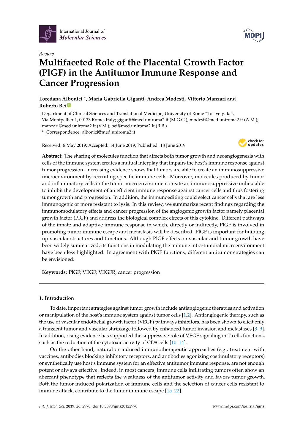 Plgf) in the Antitumor Immune Response and Cancer Progression