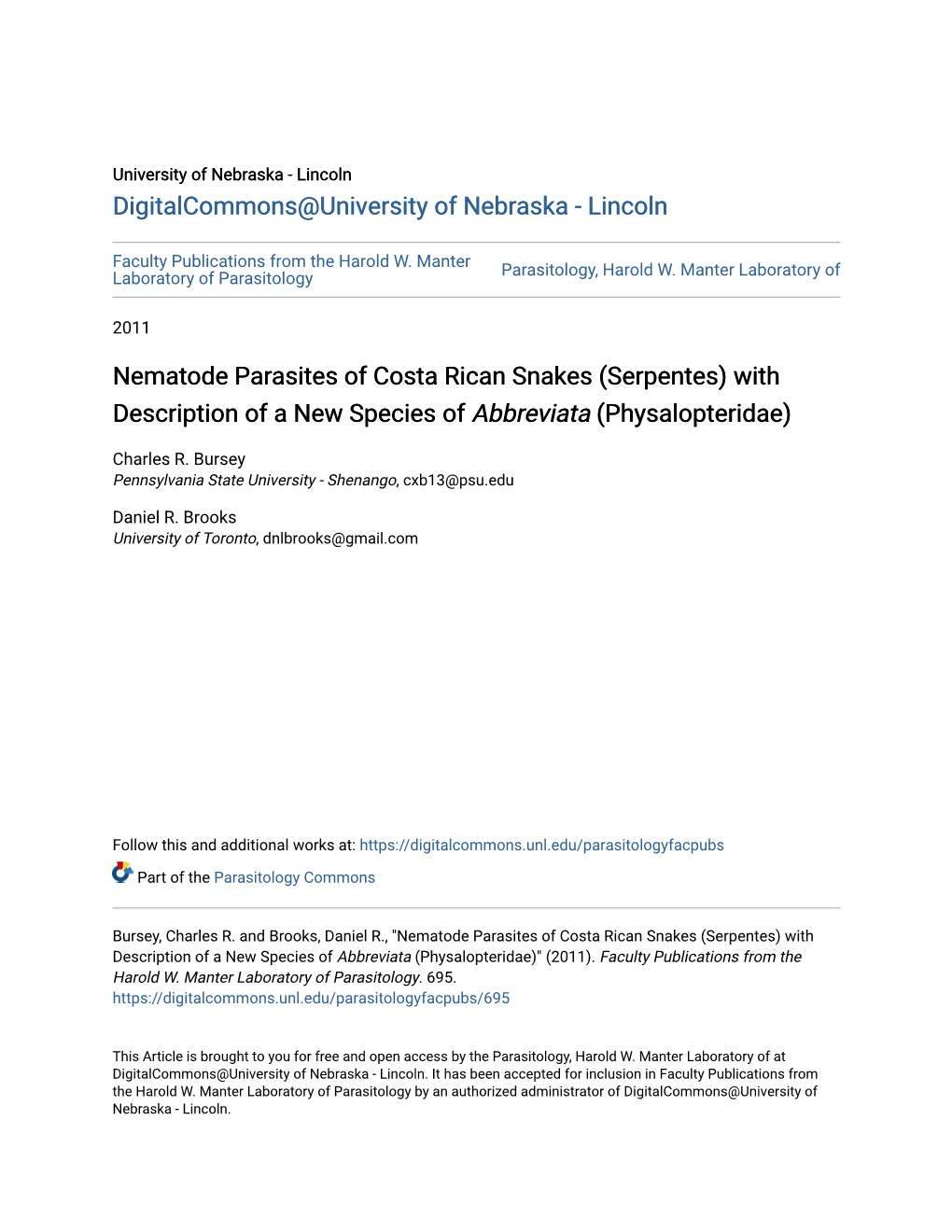 Nematode Parasites of Costa Rican Snakes (Serpentes) with Description of a New Species of Abbreviata (Physalopteridae)