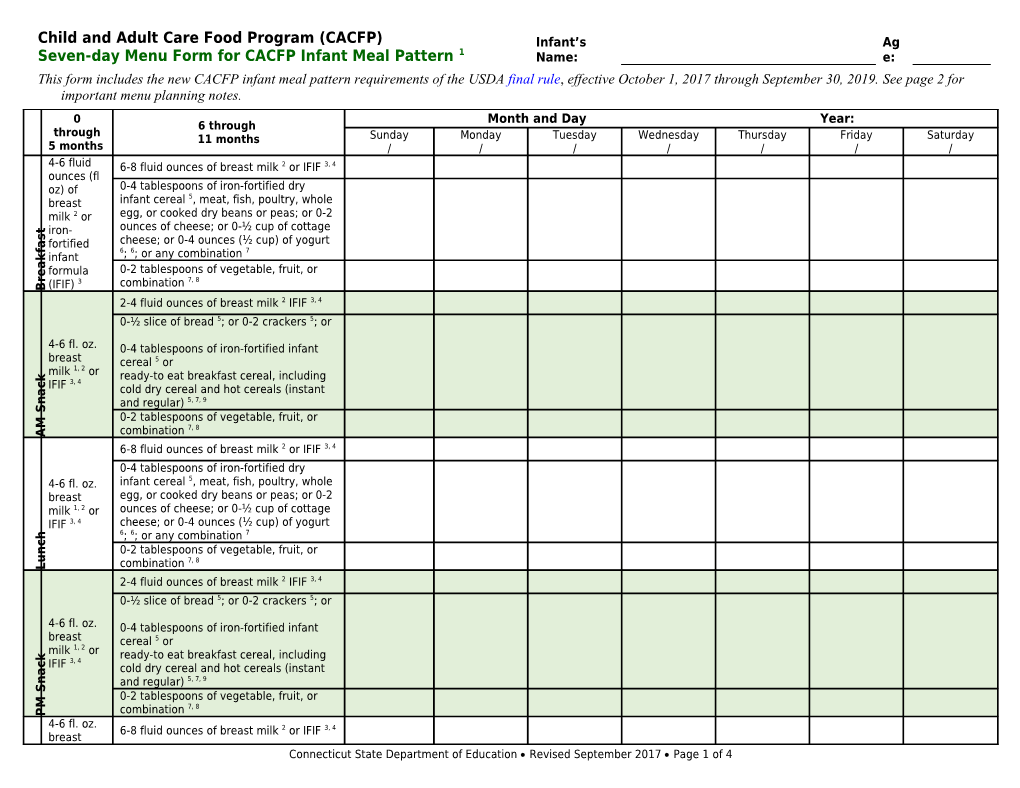 CACFP Infant Weekly Menu Form 2 (Seven Days)