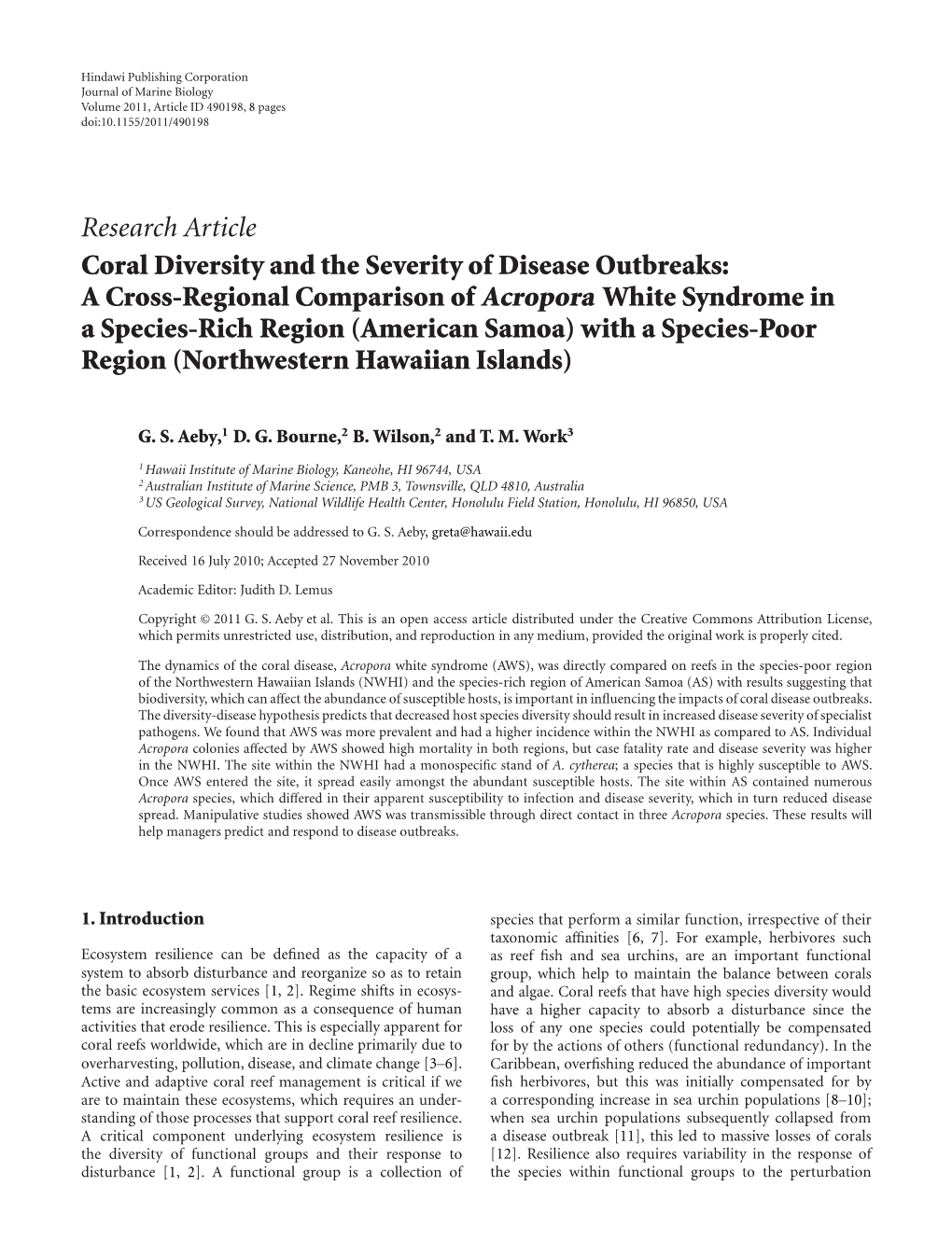 Research Article Coral Diversity and the Severity of Disease