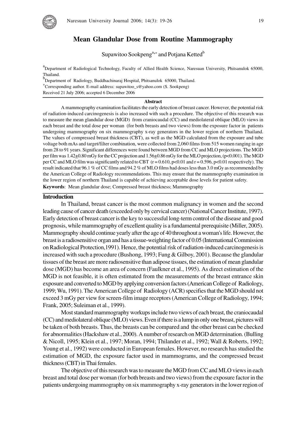 Mean Glandular Dose from Routine Mammography