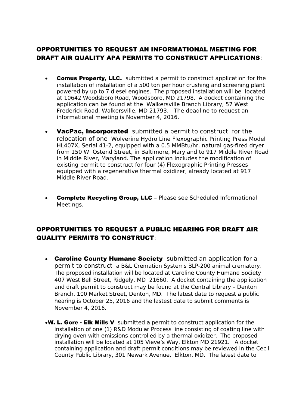 Opportunities to Request an Informational Meeting for DRAFT AIR QUALITY APA Permits To