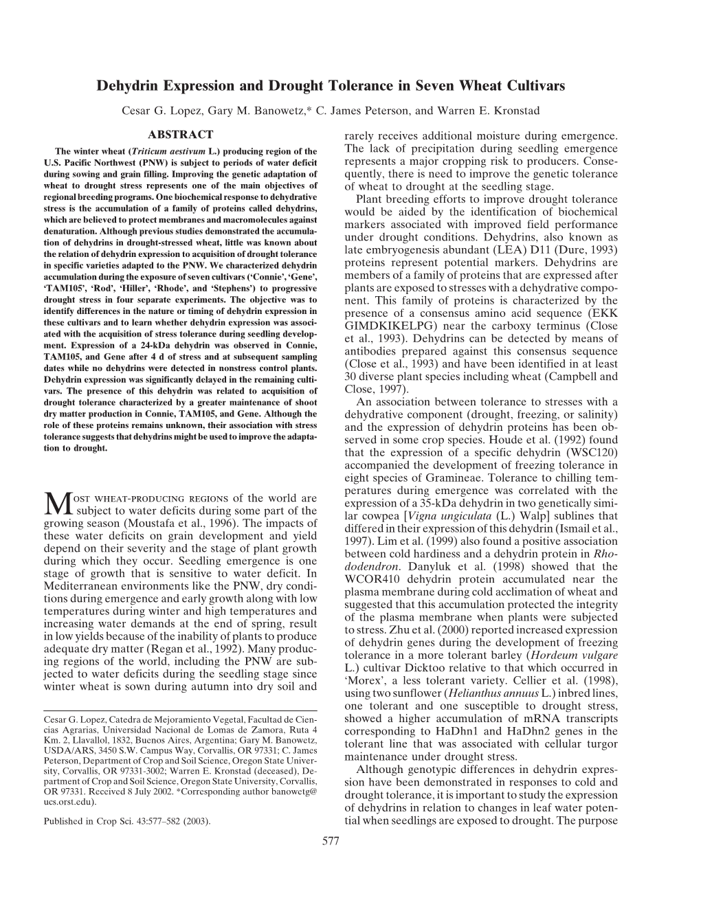 Dehydrin Expression and Drought Tolerance in Seven Wheat Cultivars