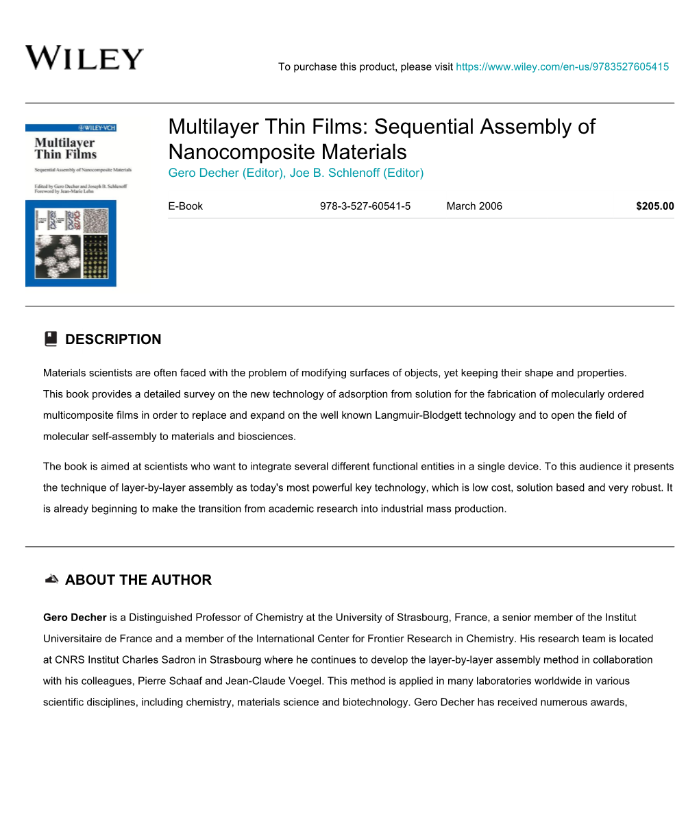 Multilayer Thin Films: Sequential Assembly of Nanocomposite Materials Gero Decher (Editor), Joe B