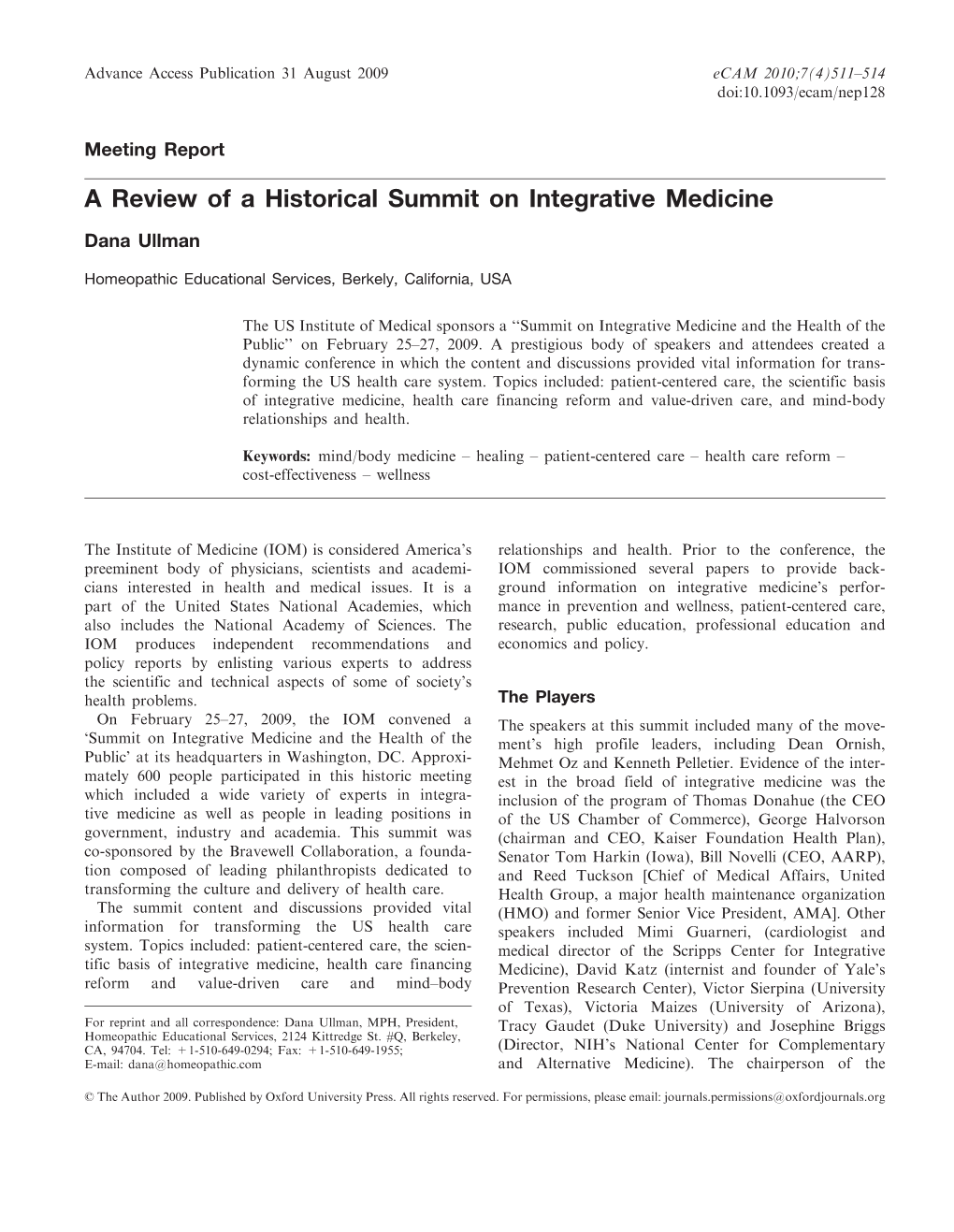 A Review of a Historical Summit on Integrative Medicine