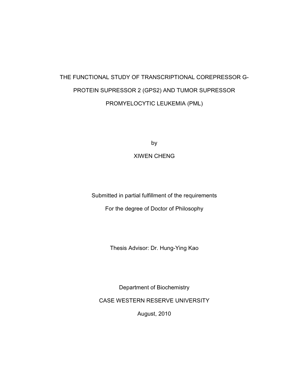 Functional Study of Transcriptional Corepressor GPS2 and Tumor