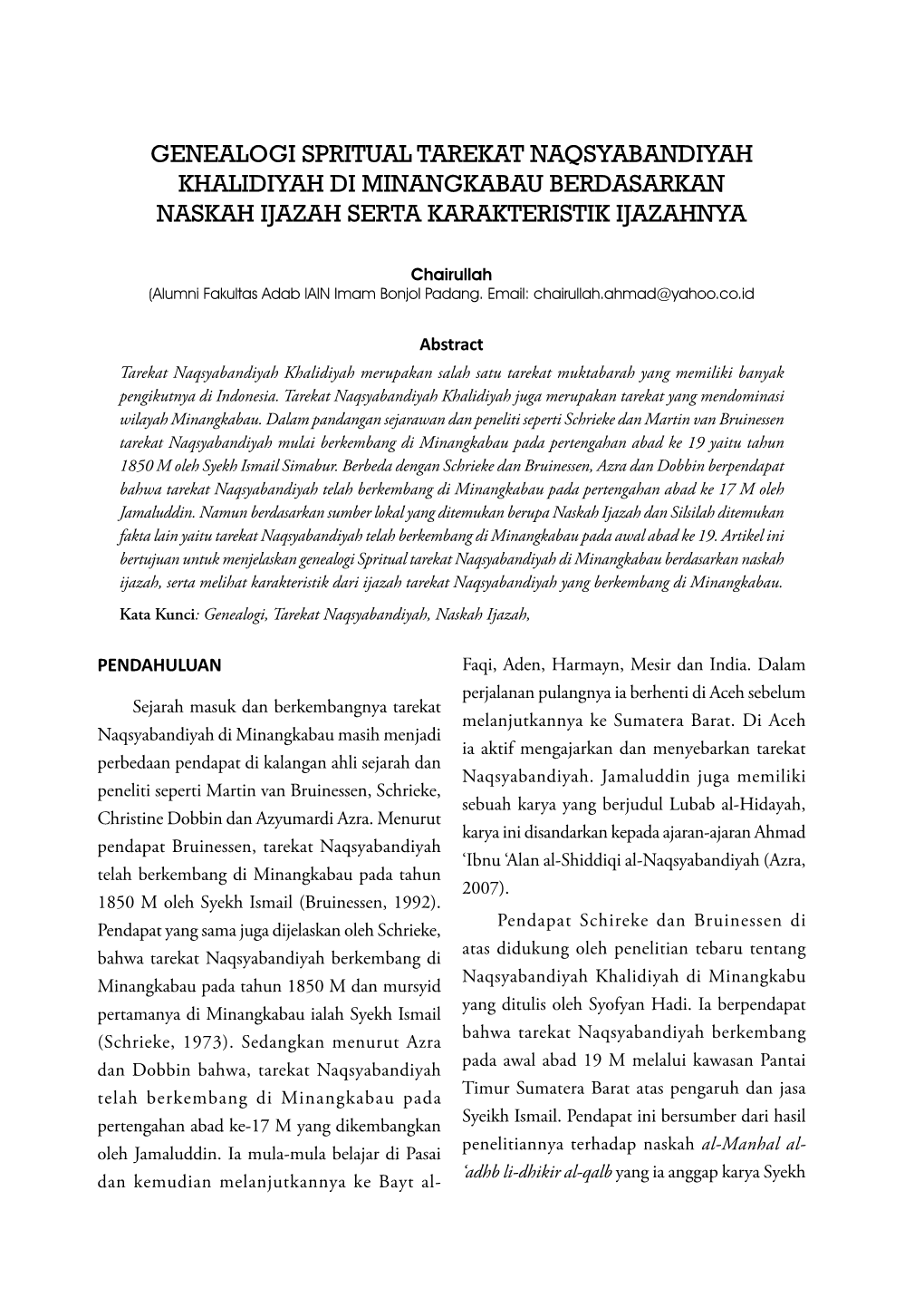 Genealogi Spritual Tarekat Naqsyabandiyah Khalidiyah Di Minangkabau Berdasarkan Naskah Ijazah Serta Karakteristik Ijazahnya